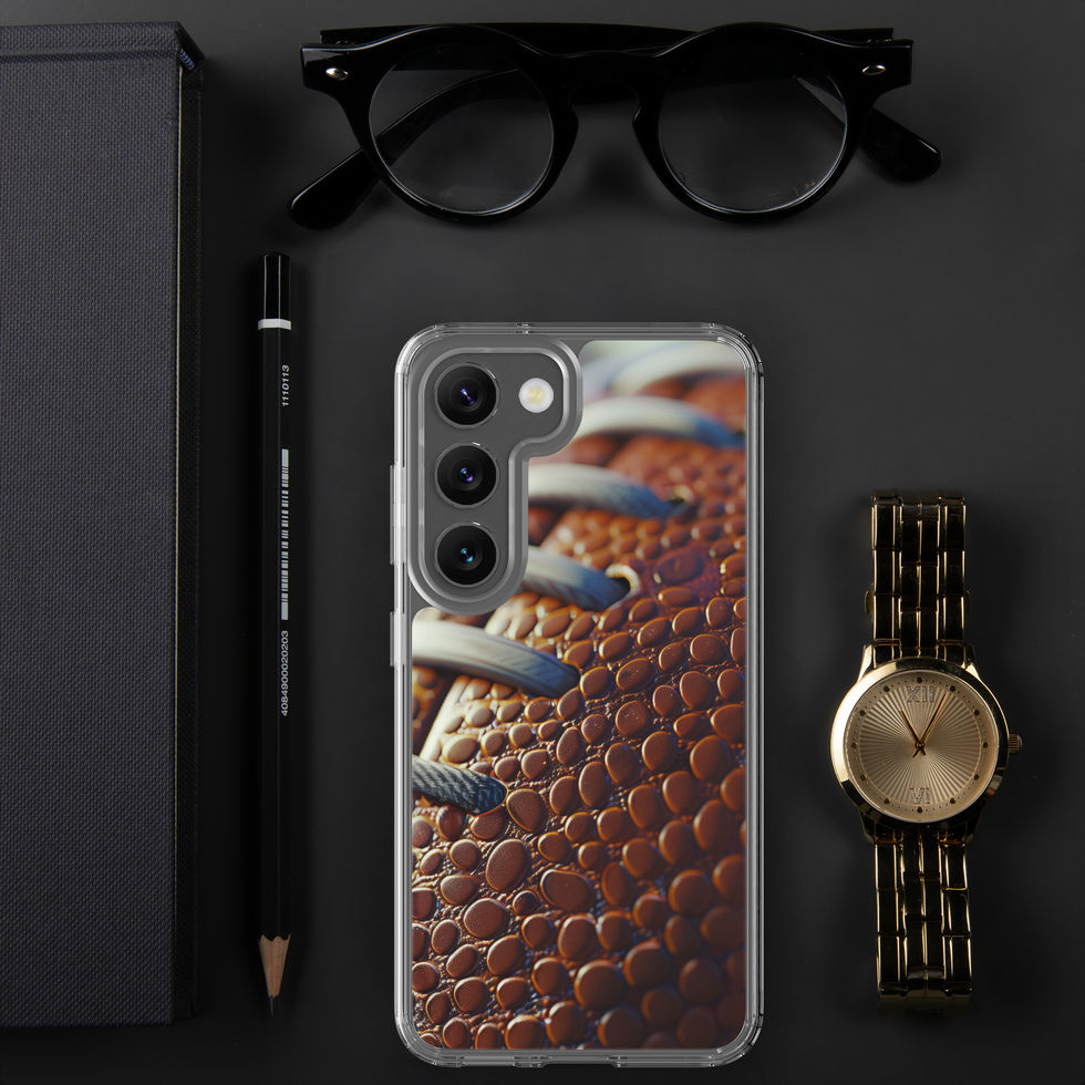 Gridiron Grip clear case for Samsung Galaxy S23, football laces print on a black desk with glasses and a watch.