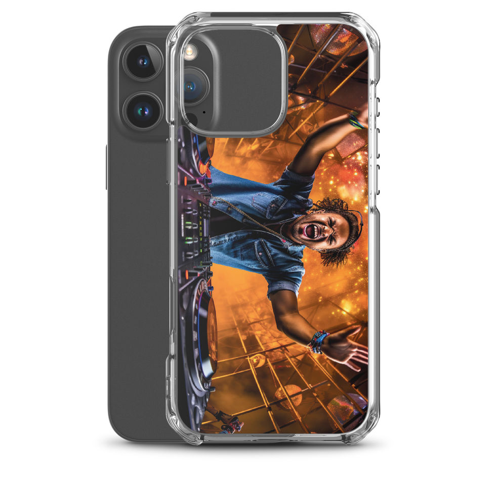 Cosmic DJ clear iPhone case with orange-and-blue DJ art, gallery image 43 of 50