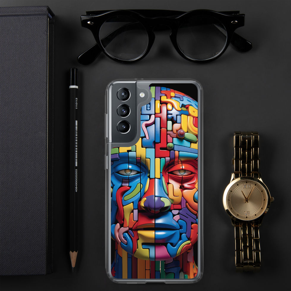 Cybernetic Puzzle clear Samsung phone case with futuristic mechanical portrait artwork, upper design detail