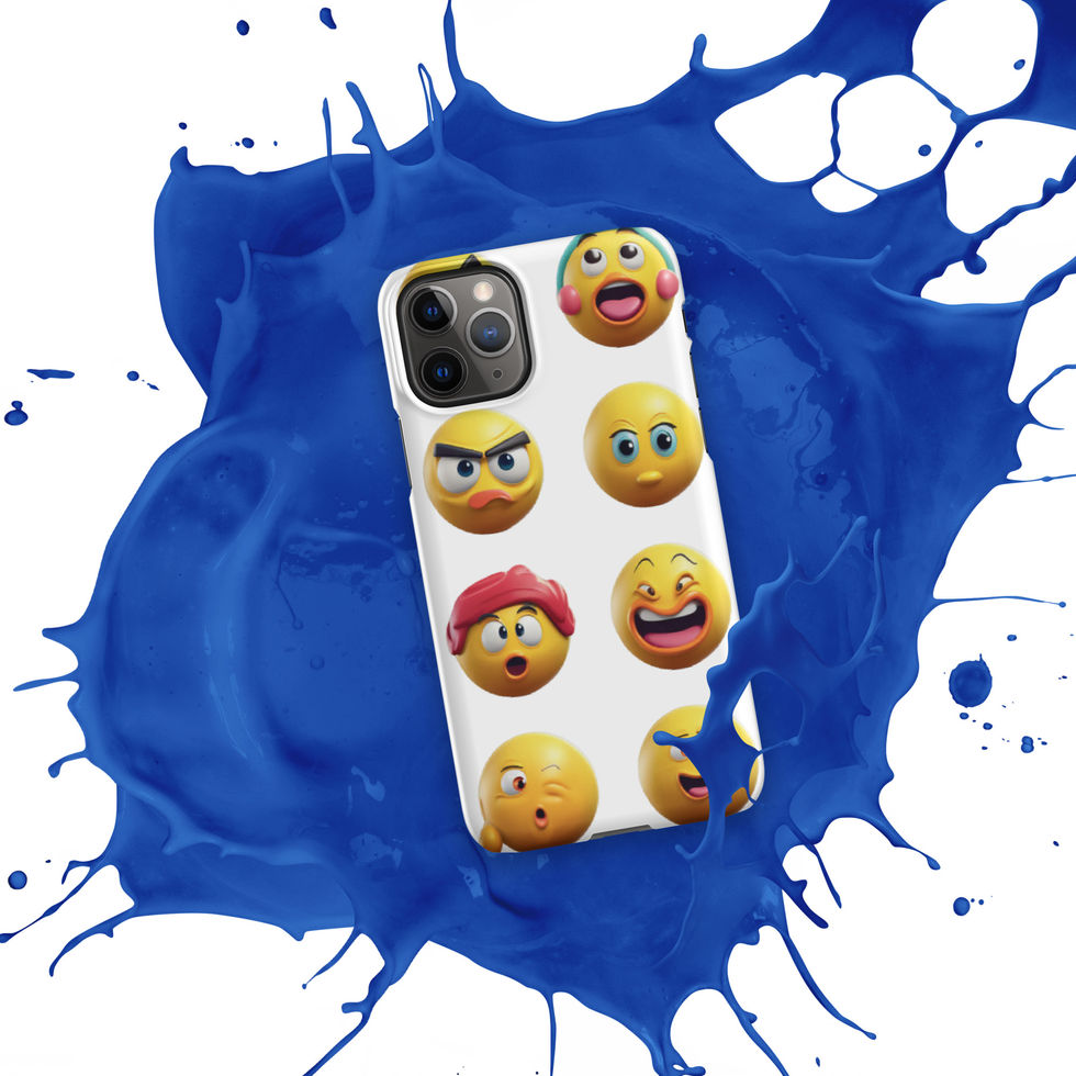 Emoji Frenzy snap iPhone case showing mixed laughing faces across its rear print, over a blue paint splash.