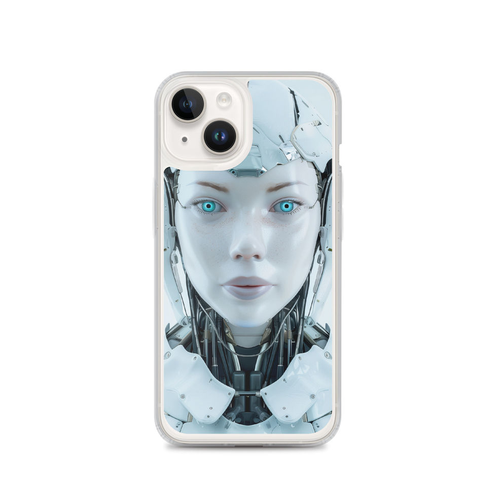 AI Celestia clear iPhone case with icy aqua-eyed female android – front product view