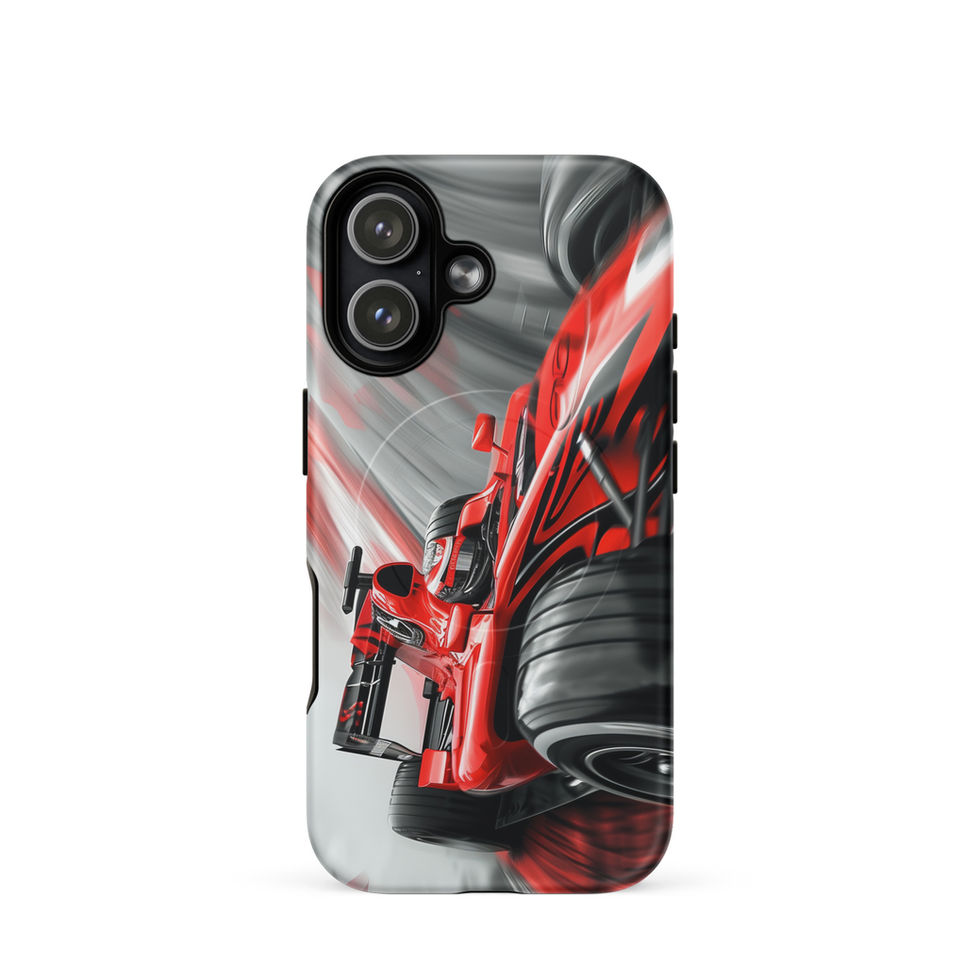 Victory Rush MagSafe Tough case for iPhone 17, red race car and grey streaks, rear view on white