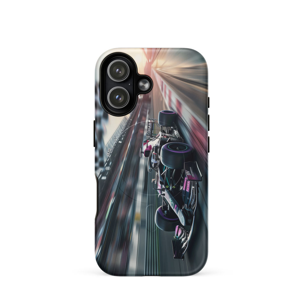 Midnight Velocity MagSafe Tough case for iPhone 17, race car and night lights, rear view on white