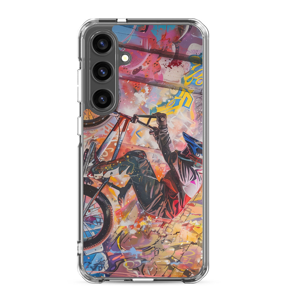 Graffiti Grind Clear case for Galaxy S24 Plus, BMX rider amid pink and yellow graffiti, rear view on white