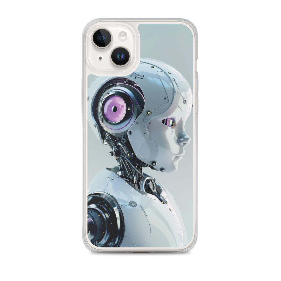 Protective iPhone case with a calm futuristic robot profile