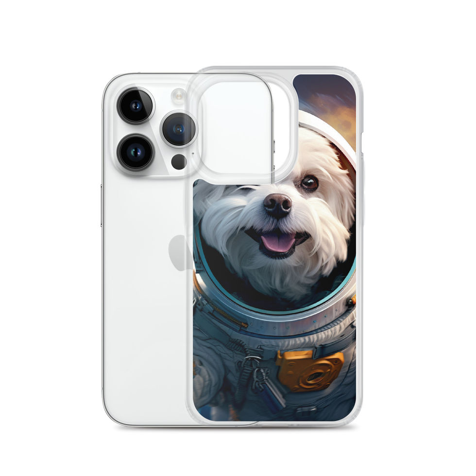 Cosmo Pup cosmic dog clear iPhone case โ artwork close-up in dark lifestyle scene