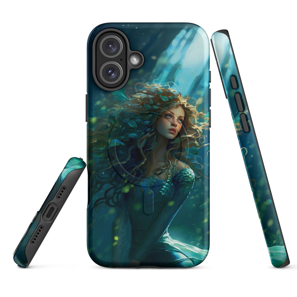 Ocean Enchantress MagSafe iPhone case shown with its side profile, featuring an underwater woman framed by turquoise light.