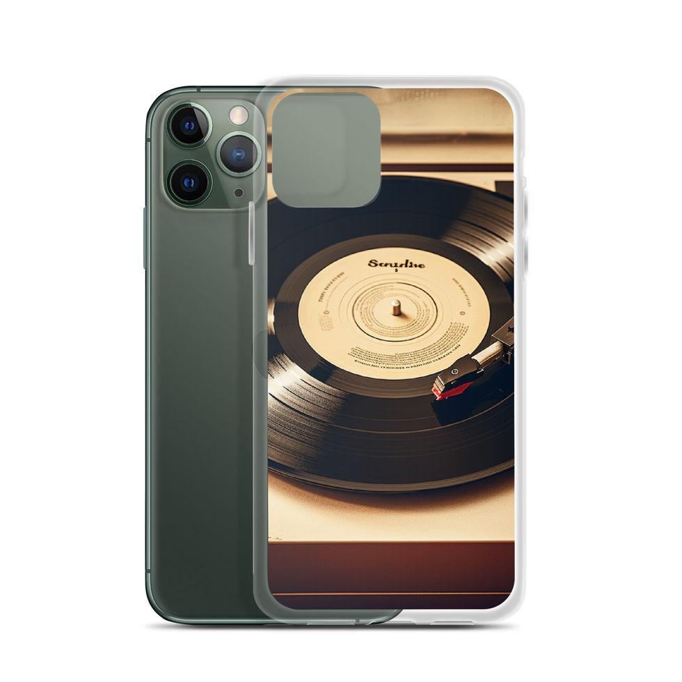Golden Grooves clear iPhone case close front view highlighting the gold record artwork, image 5.