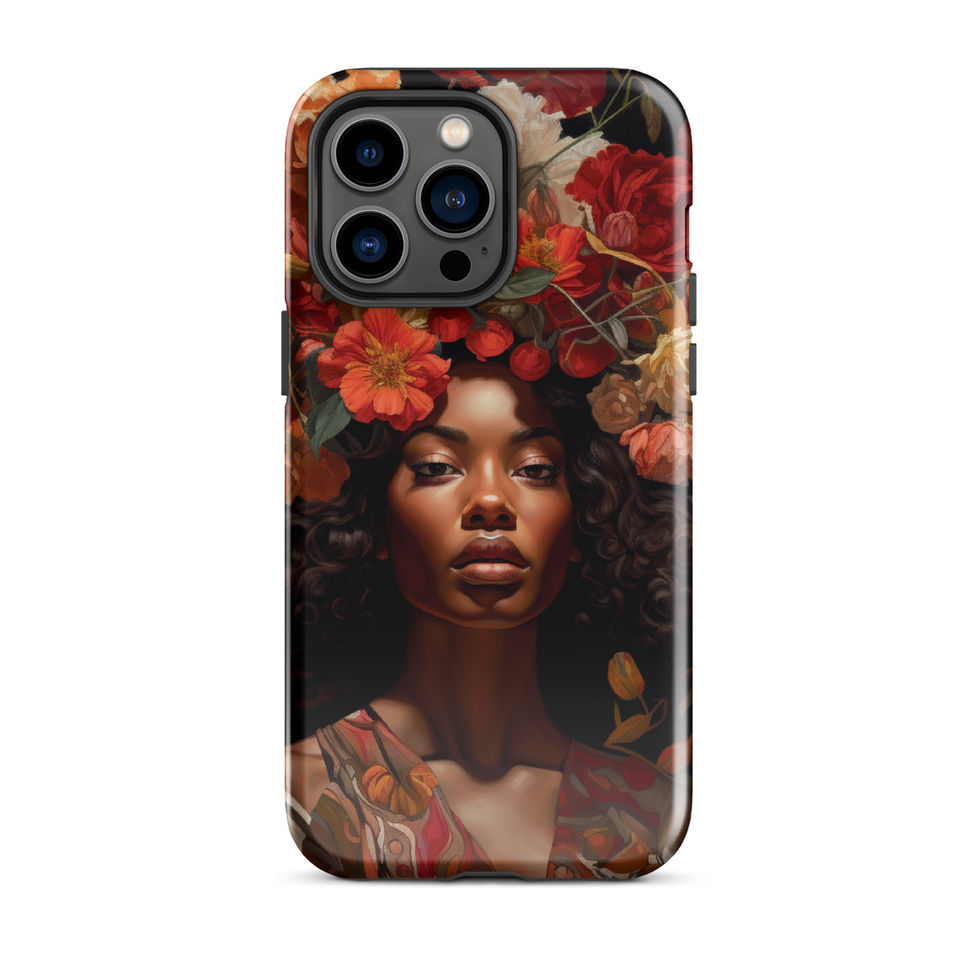 Sleek iPhone 15 cover carrying vibrant floral art and confident character