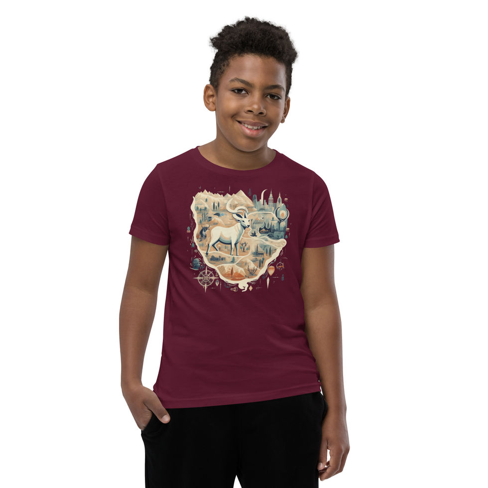 Noble Antelope: maroon youth short-sleeve T-shirt with ornate antelope woodland scene, worn by child