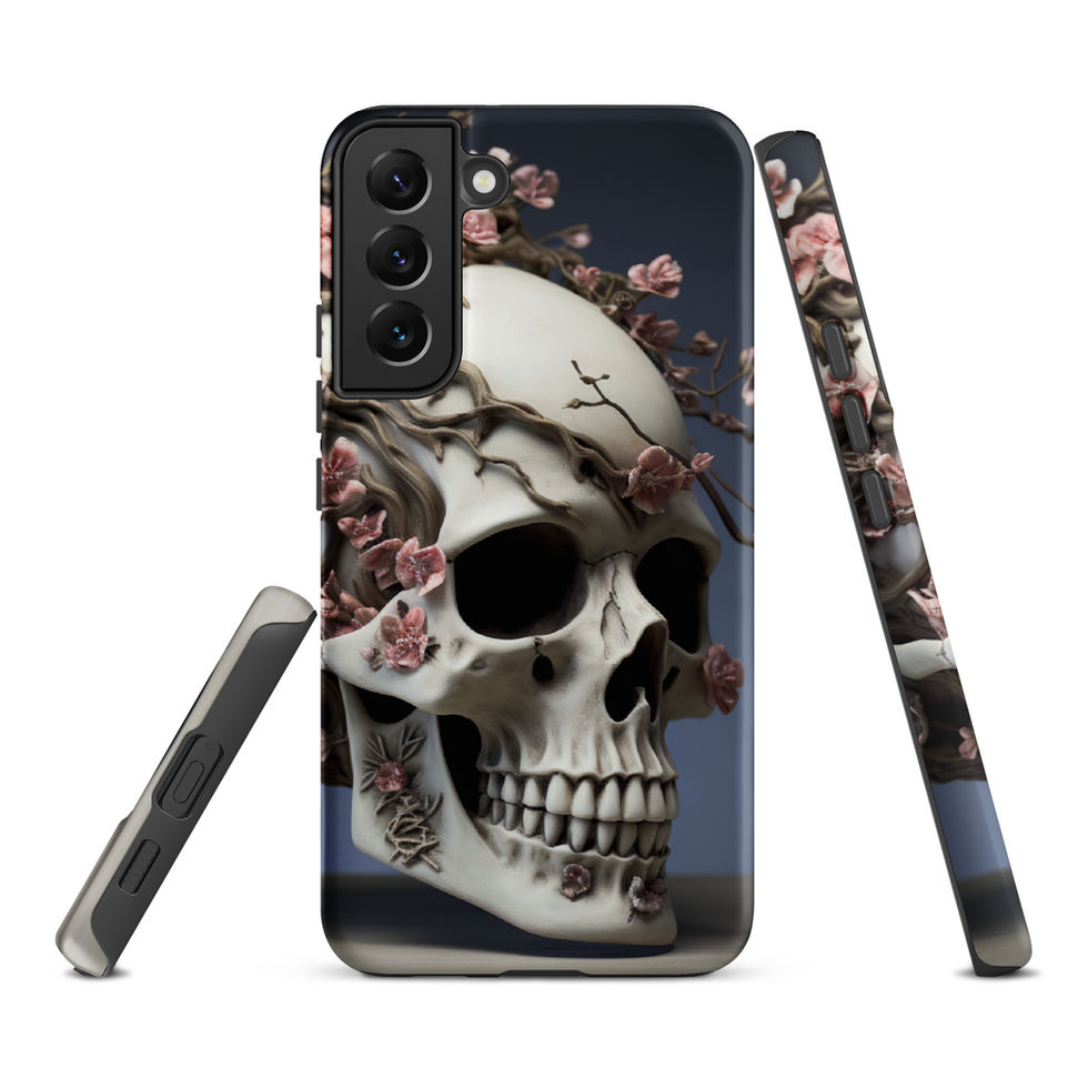 Samsung tough case displaying the Ethereal Bloom design against charcoal with soft rose-coloured blossoms