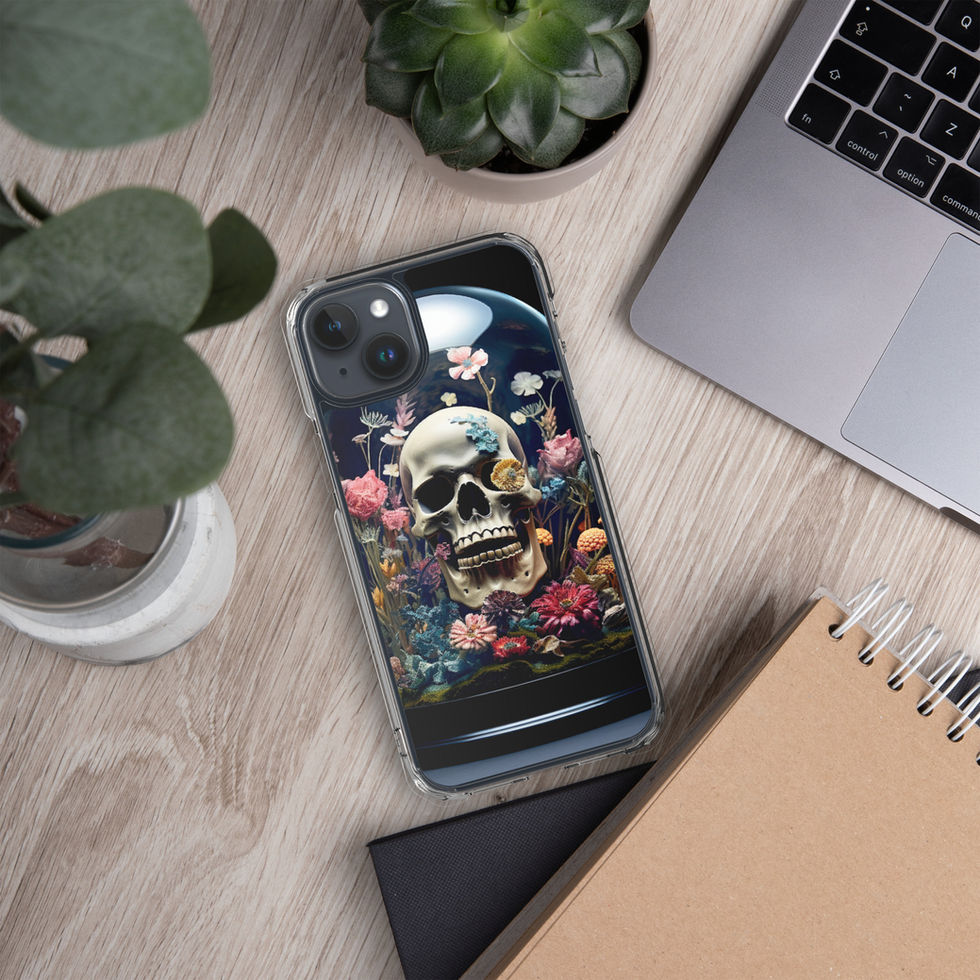 Product image of Eternal Bloom iPhone clear case showing gothic flower garden surrounding a skull