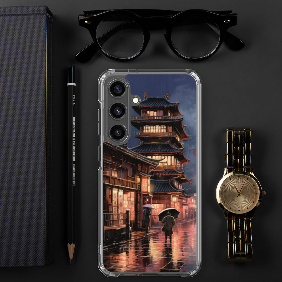 Rainy Kyoto Nights Samsung clear case showing a glowing pagoda, beside glasses and a watch.