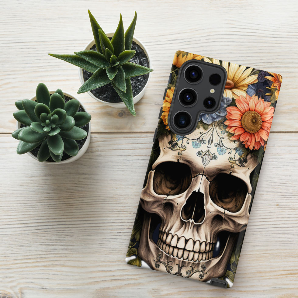 Solstice Skull tough Samsung case showing dark background behind a floral skull