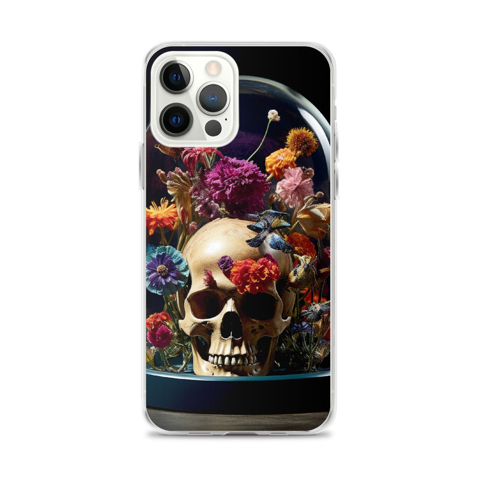 Bloom & Bones clear iPhone case with ivory bone amid jewel-toned flowers