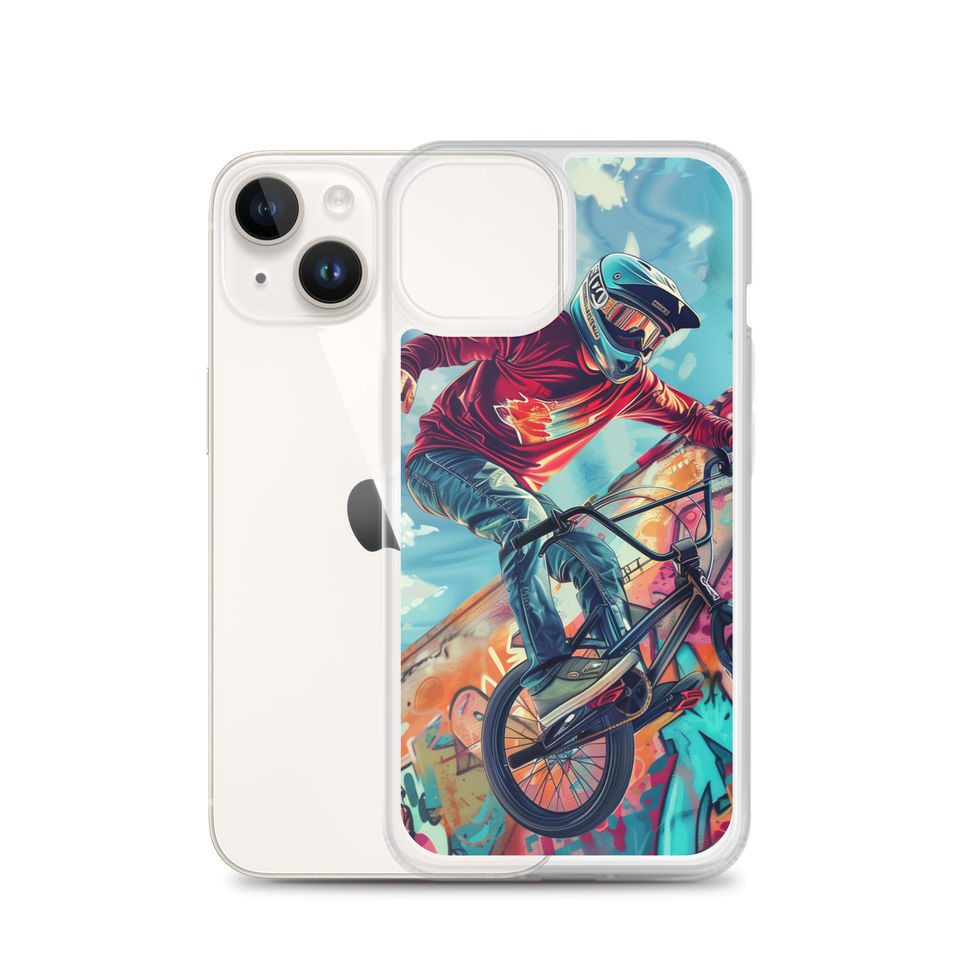Graffiti Ride Clear case for iPhone 14, red-top BMX rider and vivid graffiti, rear view on white