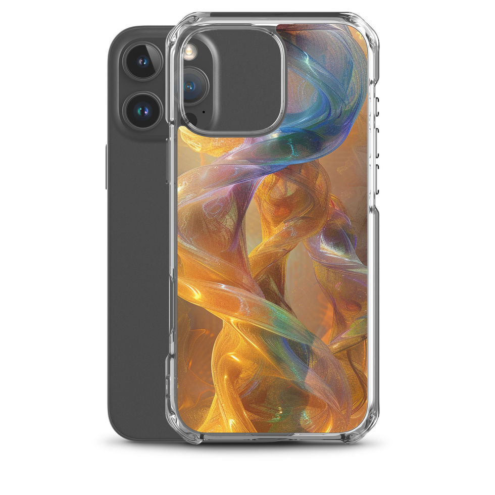"Intertwining Entities" clear iPhone case showing warm amber centre on the printed phone back