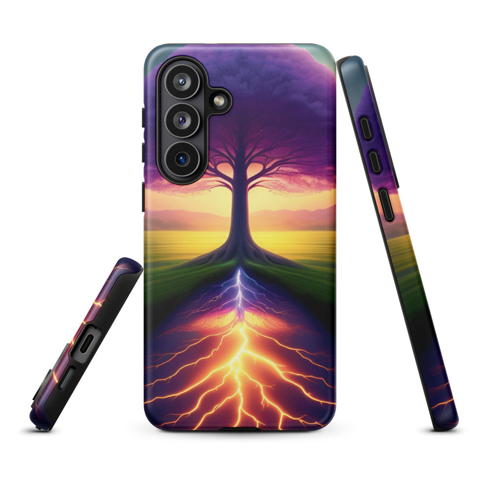 Ethereal Roots tough Samsung case with purple treetop above an orange-root glow.