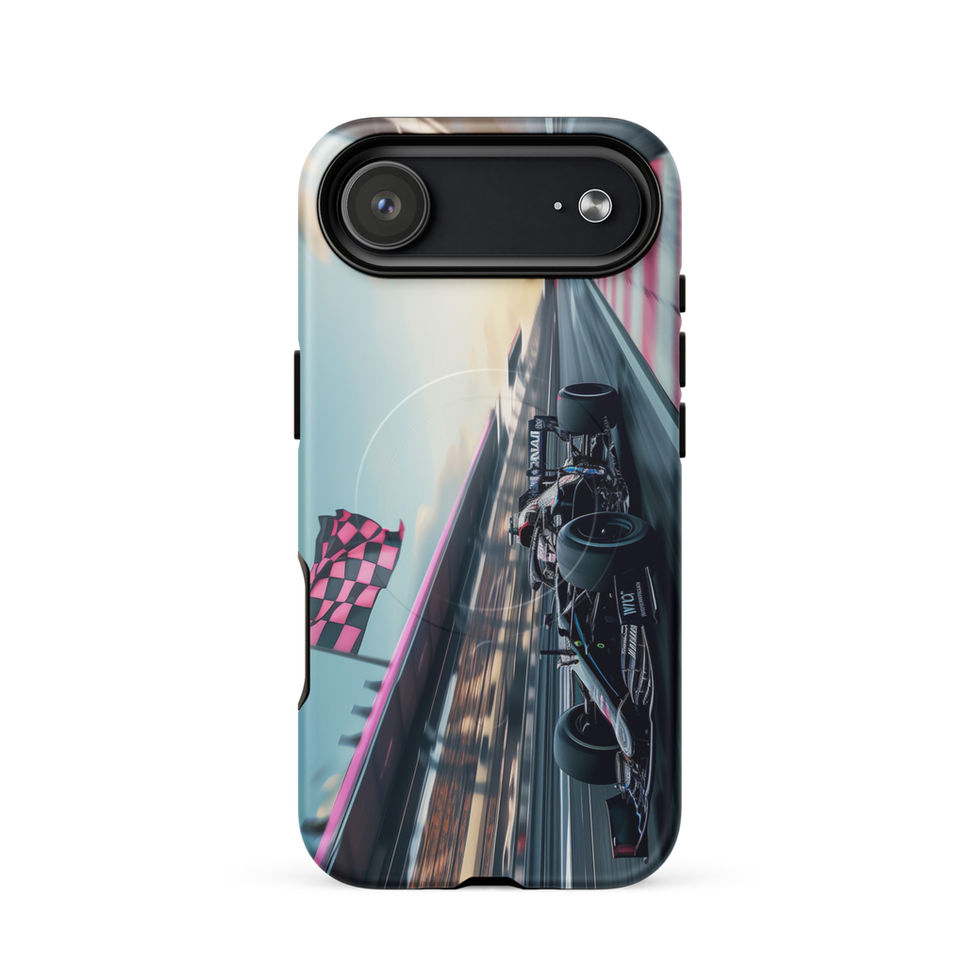 Blackout Champion MagSafe Tough case for iPhone 17 Air, dark race car and pink flags, rear view on white