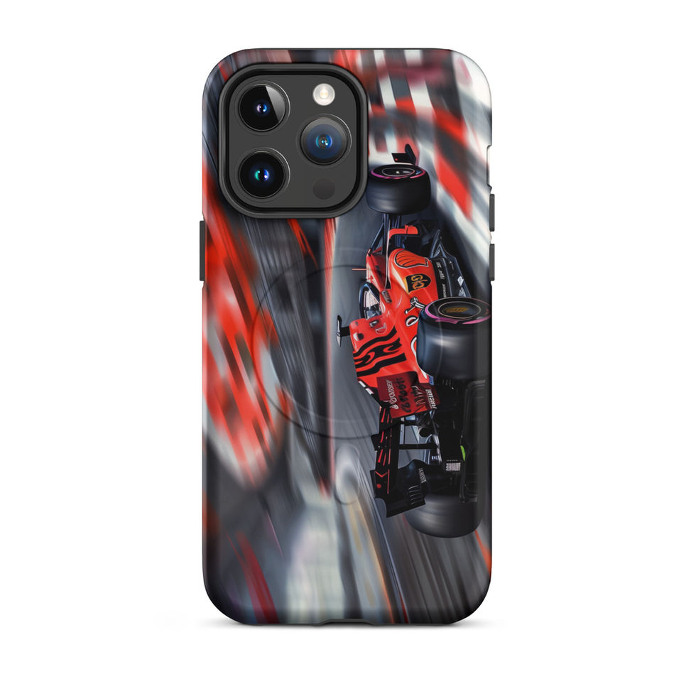 Apex Velocity MagSafe Tough case for iPhone 14 Pro Max, red race car and track streaks, rear view on white background