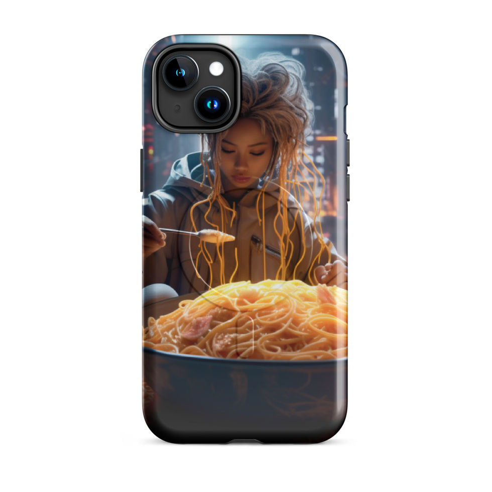 Cyber Noodle Feast MagSafe iPhone case, rear scene contrasting warm noodles with blue shadows.