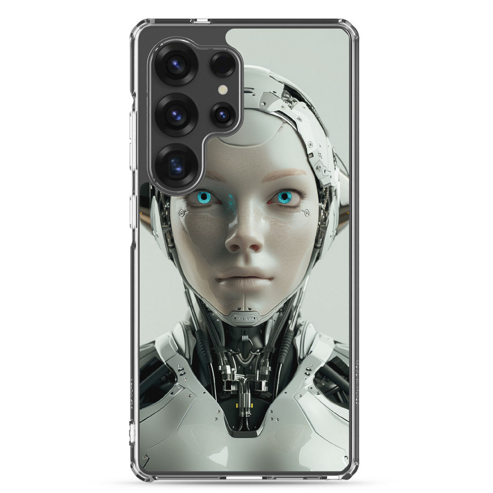Female android portrait with graphite components; close-up detail on a Samsung® Clear Case.