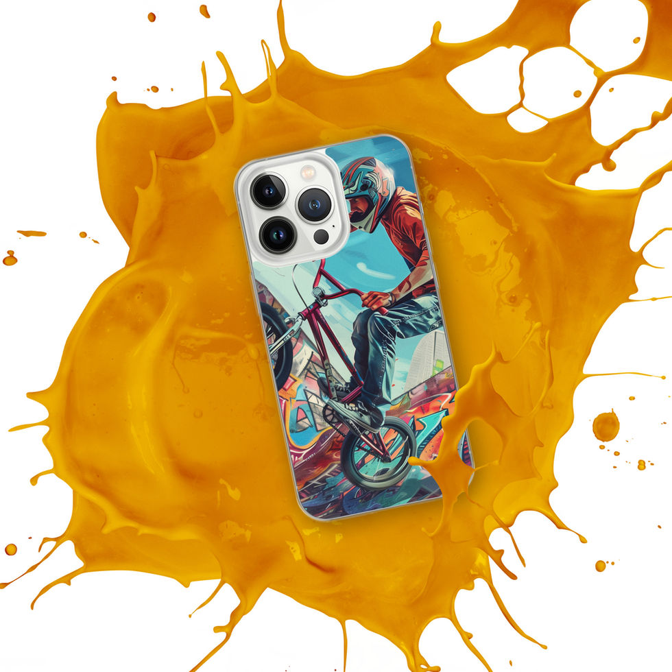 Urban Freestyle Clear case for iPhone 13 Pro, BMX rider and colourful graffiti, orange paint splash background