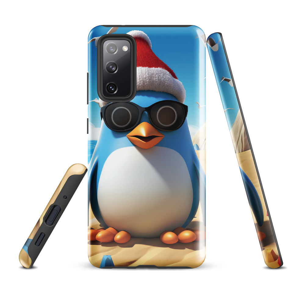 Beach penguin-mockup-03 showing Sandy Chill artwork on a Samsung tough phone case