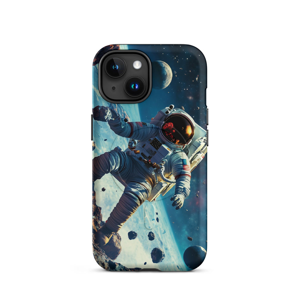 Asteroid Drift MagSafe tough case for iPhone 15 Plus, astronaut among floating rocks in blue space