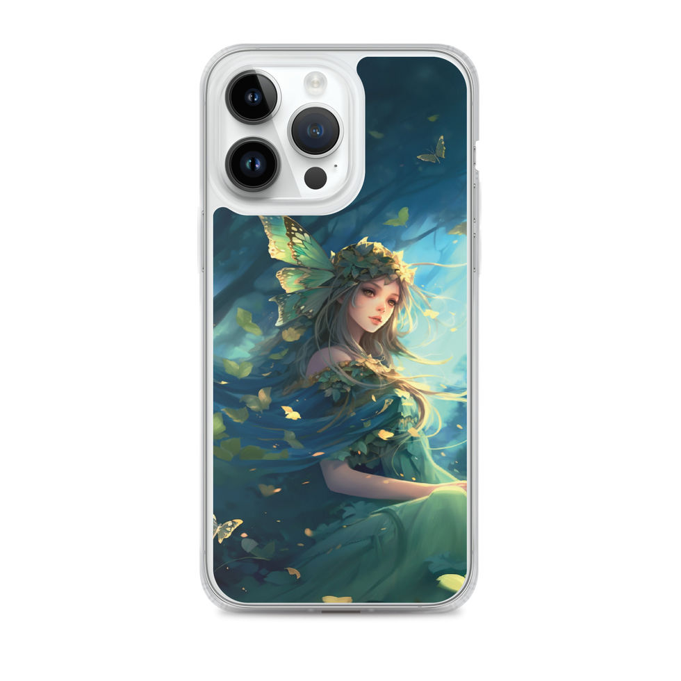 Printed back of Forest Enchantress iPhone clear case showing woman in a deep green forest