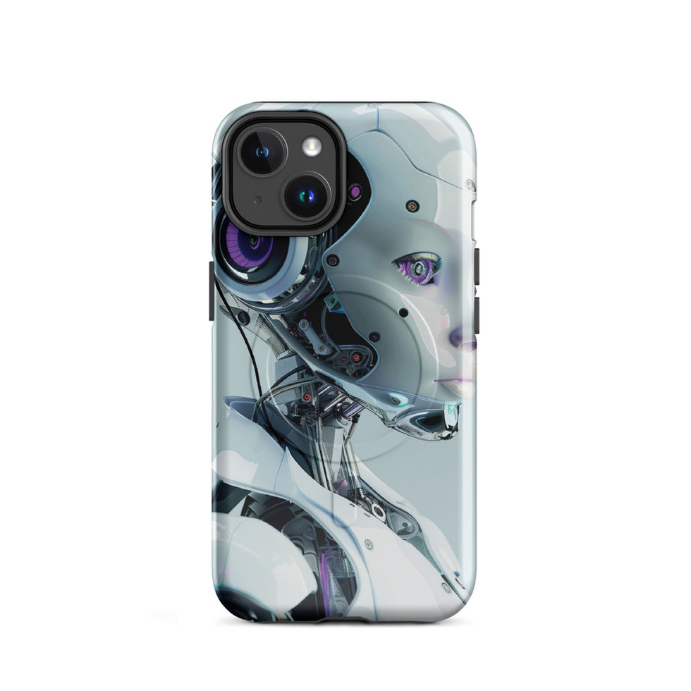 Synth Aurora futuristic robot iPhone case with detailed cybernetic face and violet eye