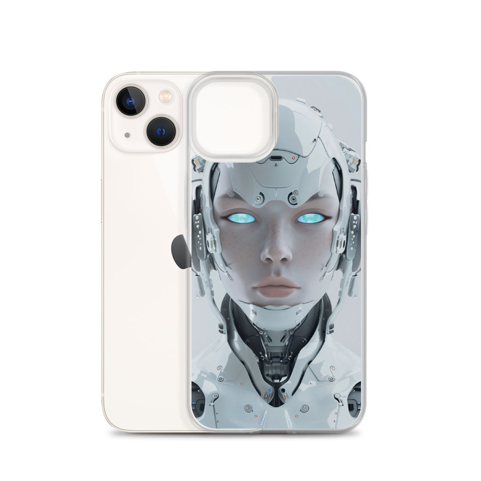 Pale-metal female android with graphite jaw mechanics; angled case mockup on an iPhone® Clear Case.