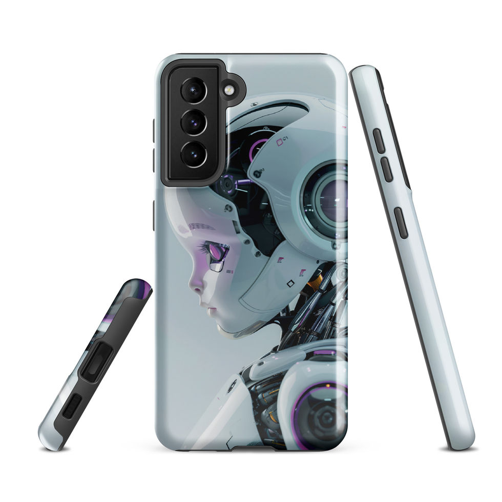 Samsung case showing layered black and silver mechanical neck details