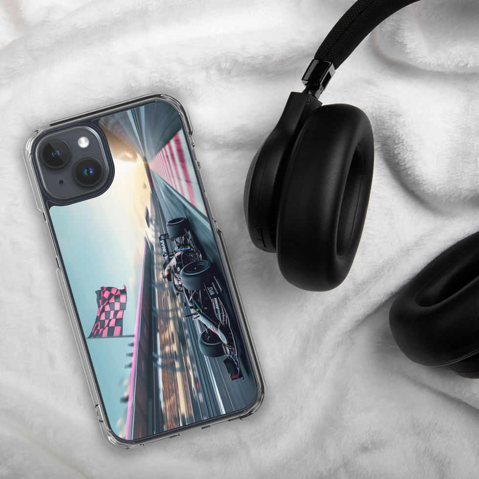 Blackout Champion Clear case for iPhone 15 Plus, dark race car and pink flags, headphones on pale fabric