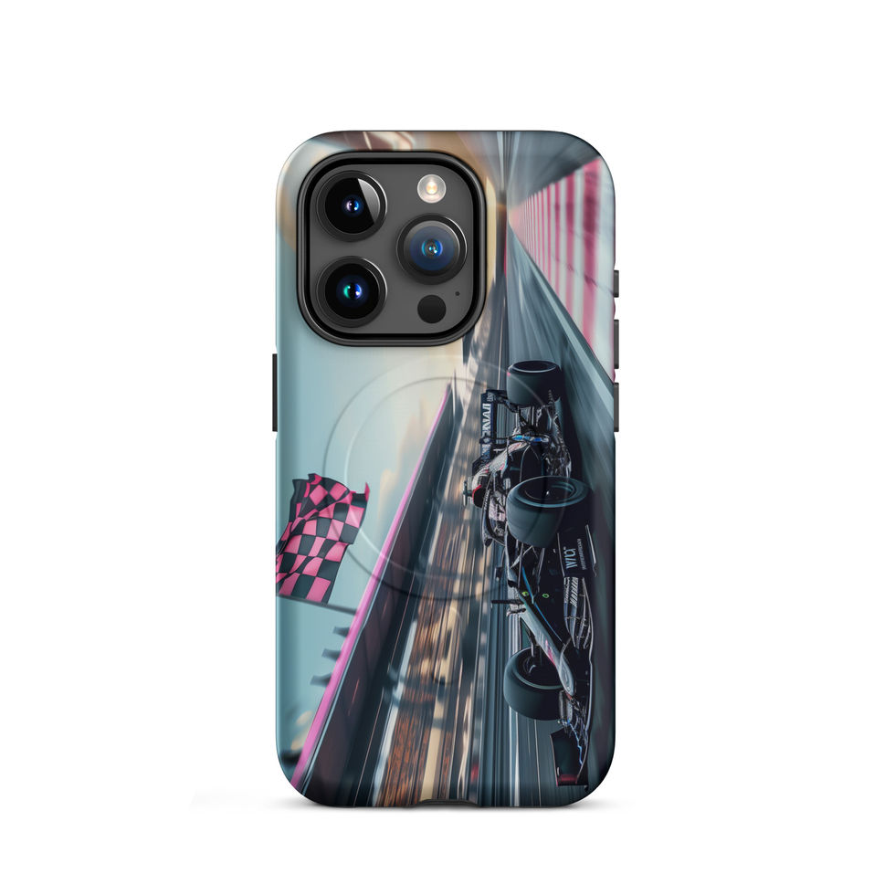 Blackout Champion MagSafe Tough case for iPhone 15 Pro, dark race car and pink flags, rear view on white