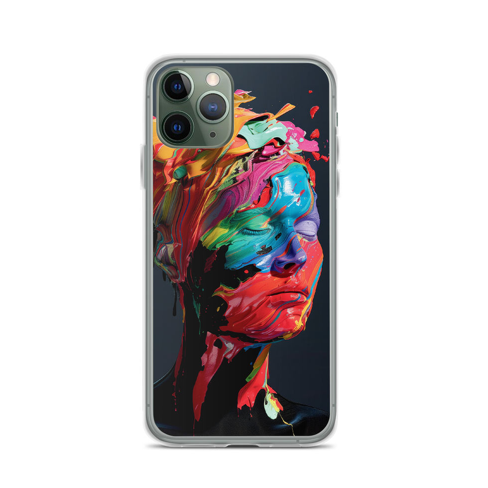 Melting Visions clear iPhone case with surreal colourful portrait artwork, right angle, image 4