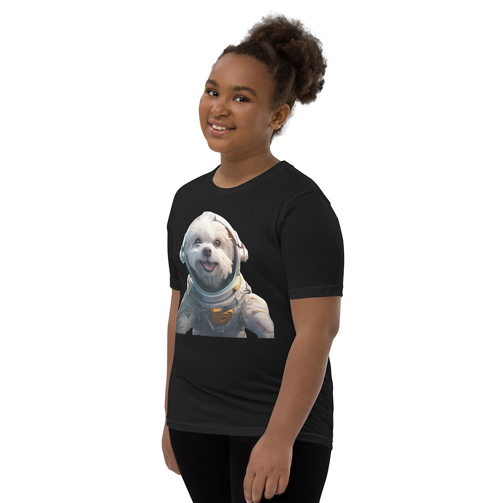 Space Pup: black youth short-sleeve T-shirt with a white puppy in an astronaut suit, child turned left