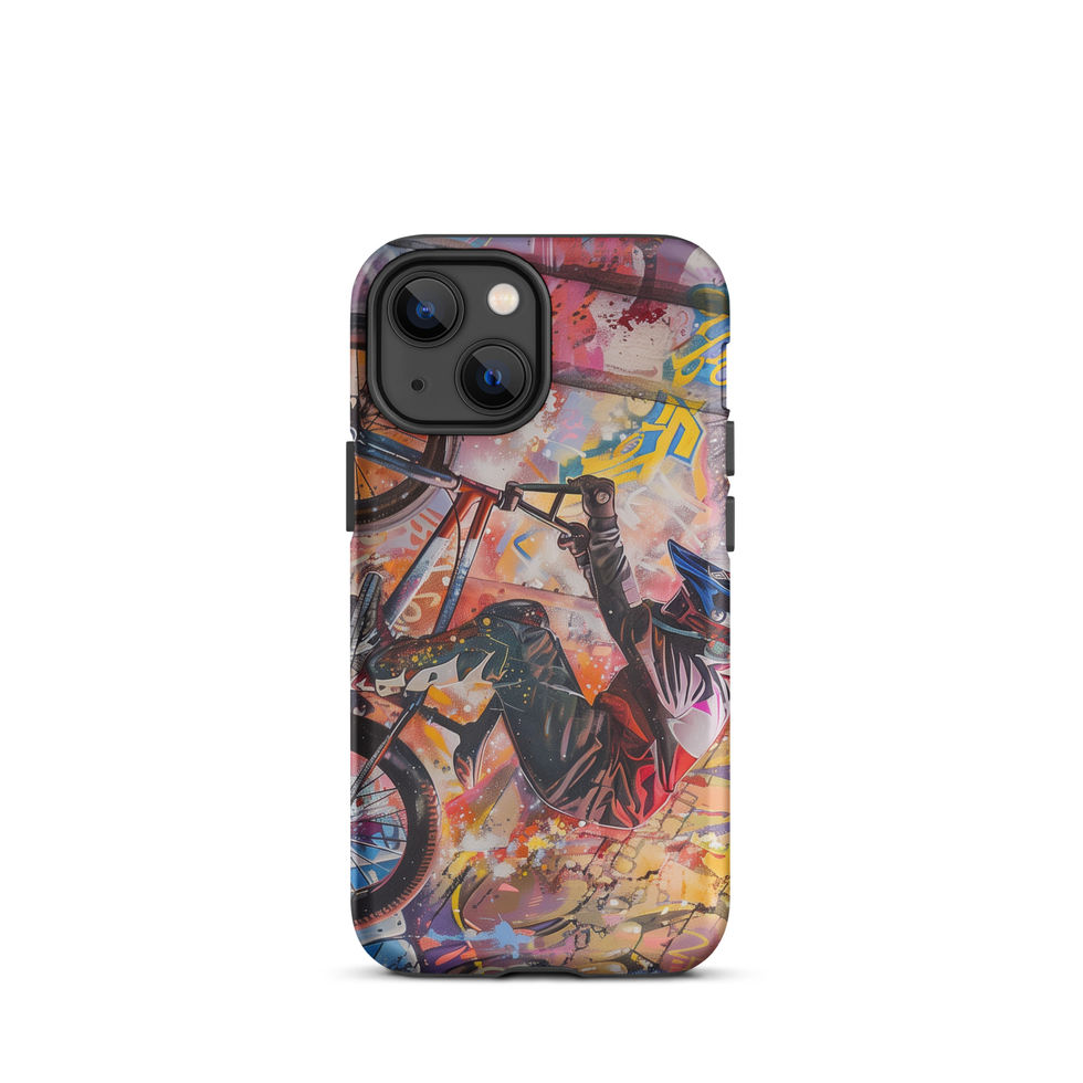 Graffiti Grind Tough case for iPhone 13 mini, BMX rider amid pink and yellow graffiti, rear view on white