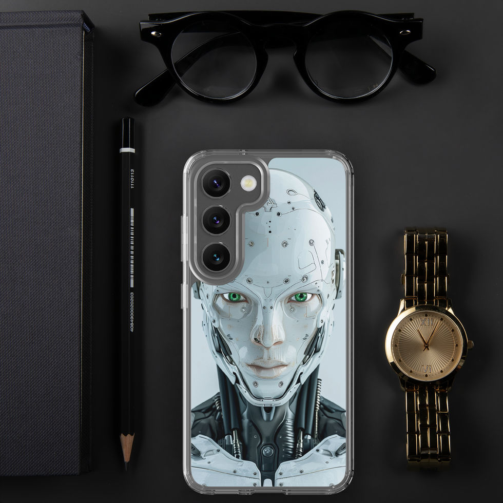 Core Intelligence Sentinel artwork with precise mechanical detail; studio case preview on a Samsung® Clear Case.