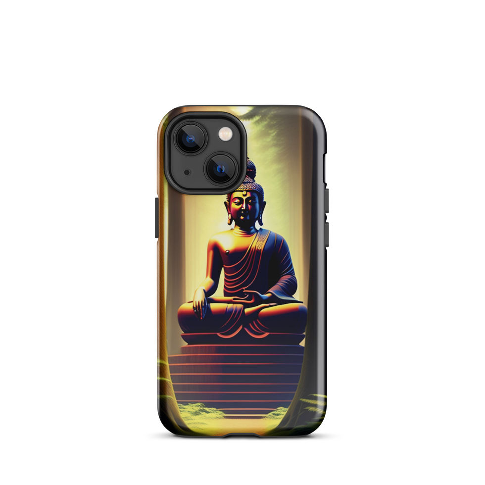 Praying Buddha iPhone tough case, rear view; golden glow behind the sculpted head.