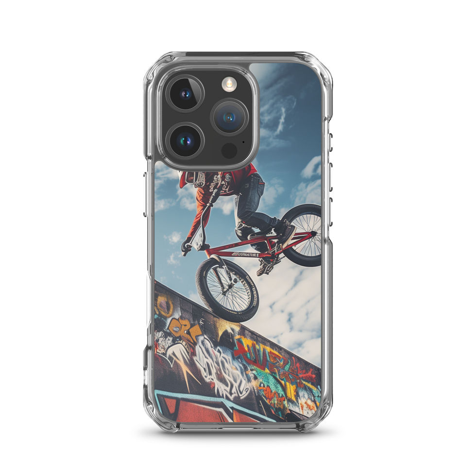 Graffiti Air Clear case for iPhone 16 Pro, BMX rider above graffiti ramp, with phone beside case on white