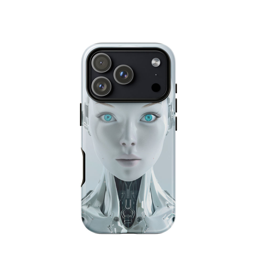 Silver-teal android portrait with cyan accents on iPhone