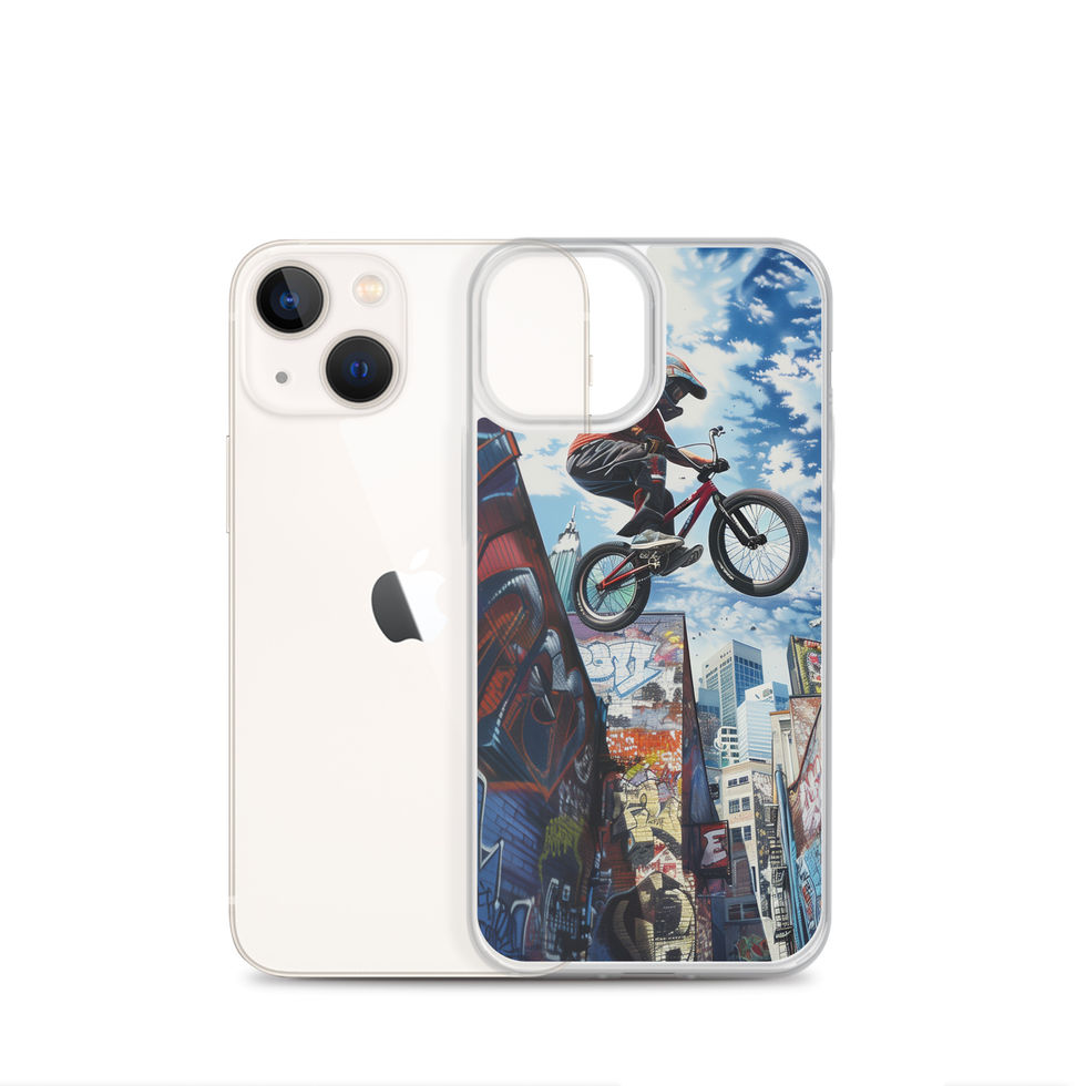 Skyline Freestyle Clear case for iPhone 13 mini, airborne BMX rider and city skyline, rear view on white