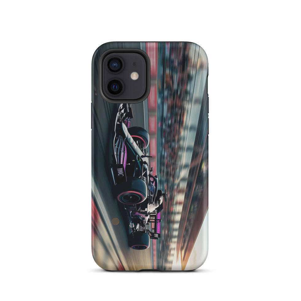 Black n Purple Power Tough case for iPhone 12, black and purple race car artwork, rear view on white