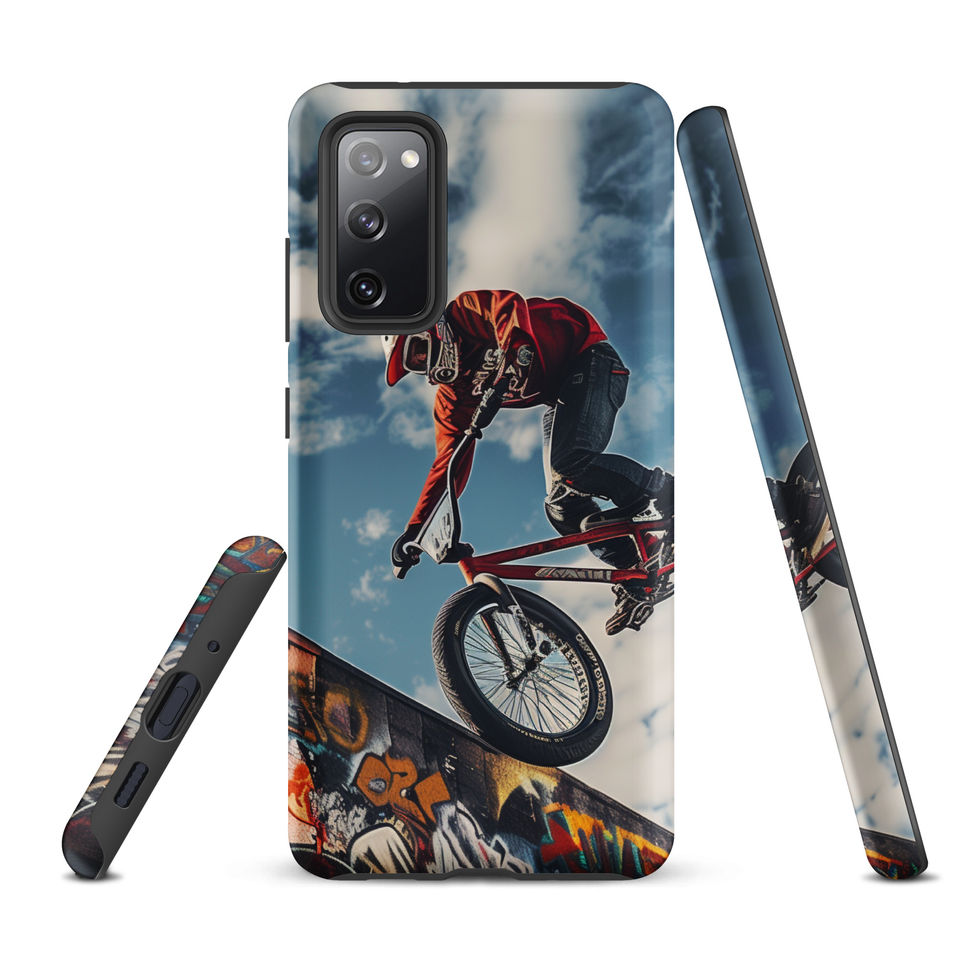 Graffiti Air Tough case for Galaxy S20 FE, BMX rider above graffiti ramp, rear and side views on white
