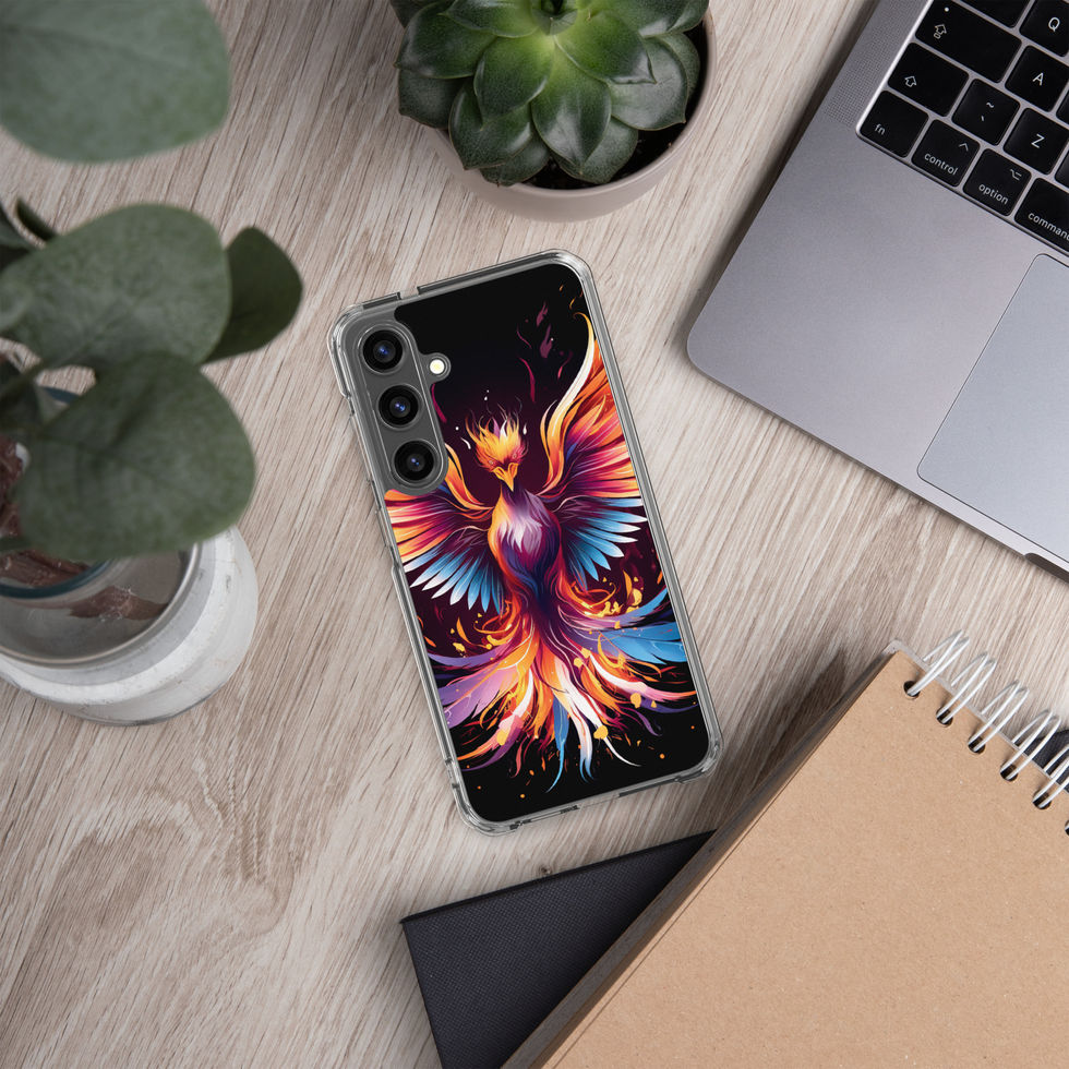 Fiery eagle-mockup-45 showing Eternal Flame artwork on a Samsung clear phone case