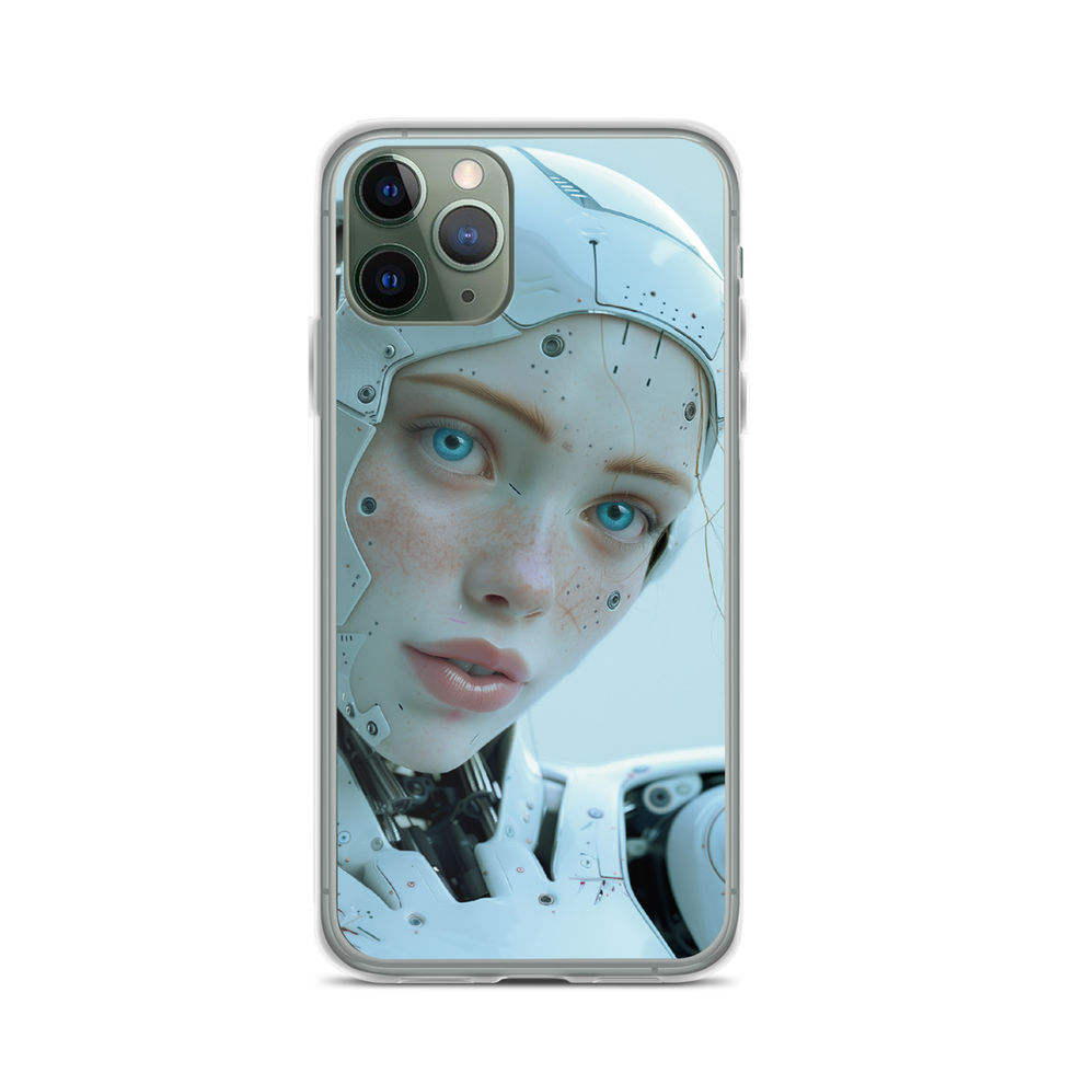 AI Serenity clear iPhone case with luminous blue-eyed android portrait – clear-edge phone case preview