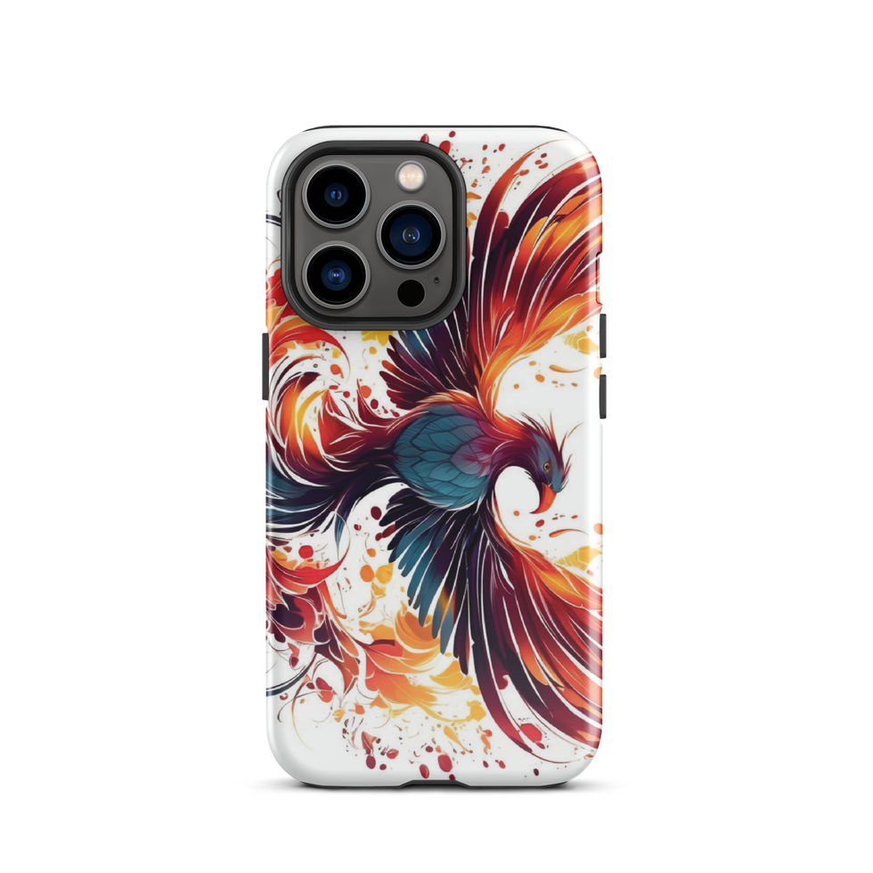 Reborn phoenix-mockup-11 showing Blazing Rebirth artwork on an iPhone tough phone case
