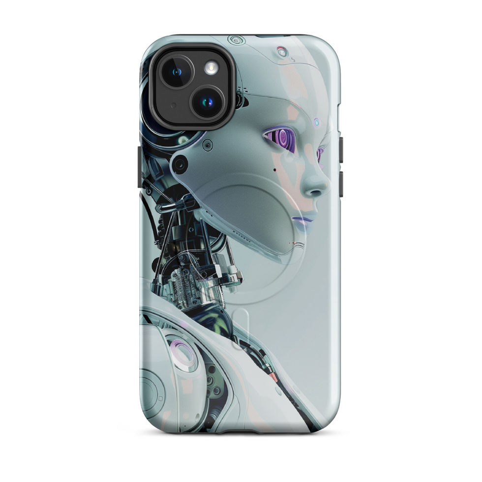 Cyber Luminara phone case showing a silver cybernetic robot with glowing violet eye