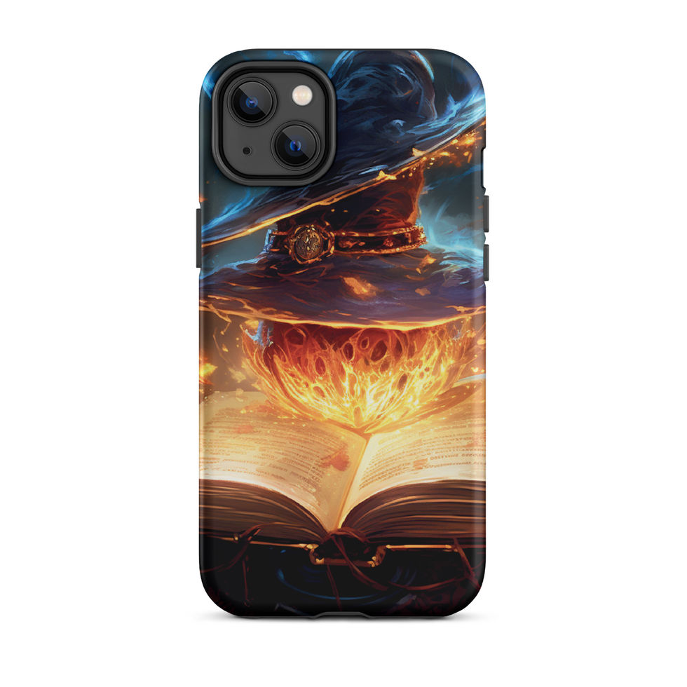 Arcane Ember iPhone tough case with fantasy book artwork filling the phone back, shown from the rear on white.